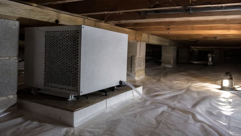 A crawl space dehumidifier on a raised platform above the vapor barrier in a Wilmington-area home, condensate line running to a discharge point