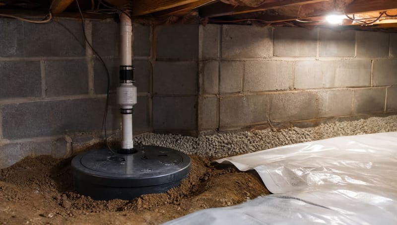 A sealed sump basin with a check valve beside a washed-gravel perimeter drain in a Wilmington crawl space