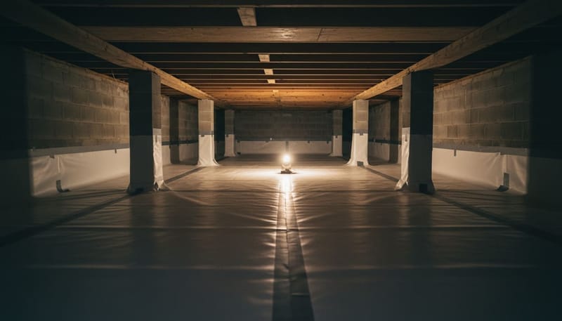 A finished encapsulated crawl space under a Wilmington home — reinforced liner sealed across the floor and up the block perimeter walls