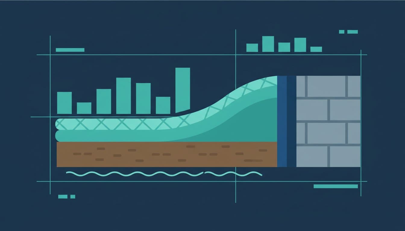 Cross-section illustration of a reinforced crawl space vapor barrier sealed over soil and up a foundation wall